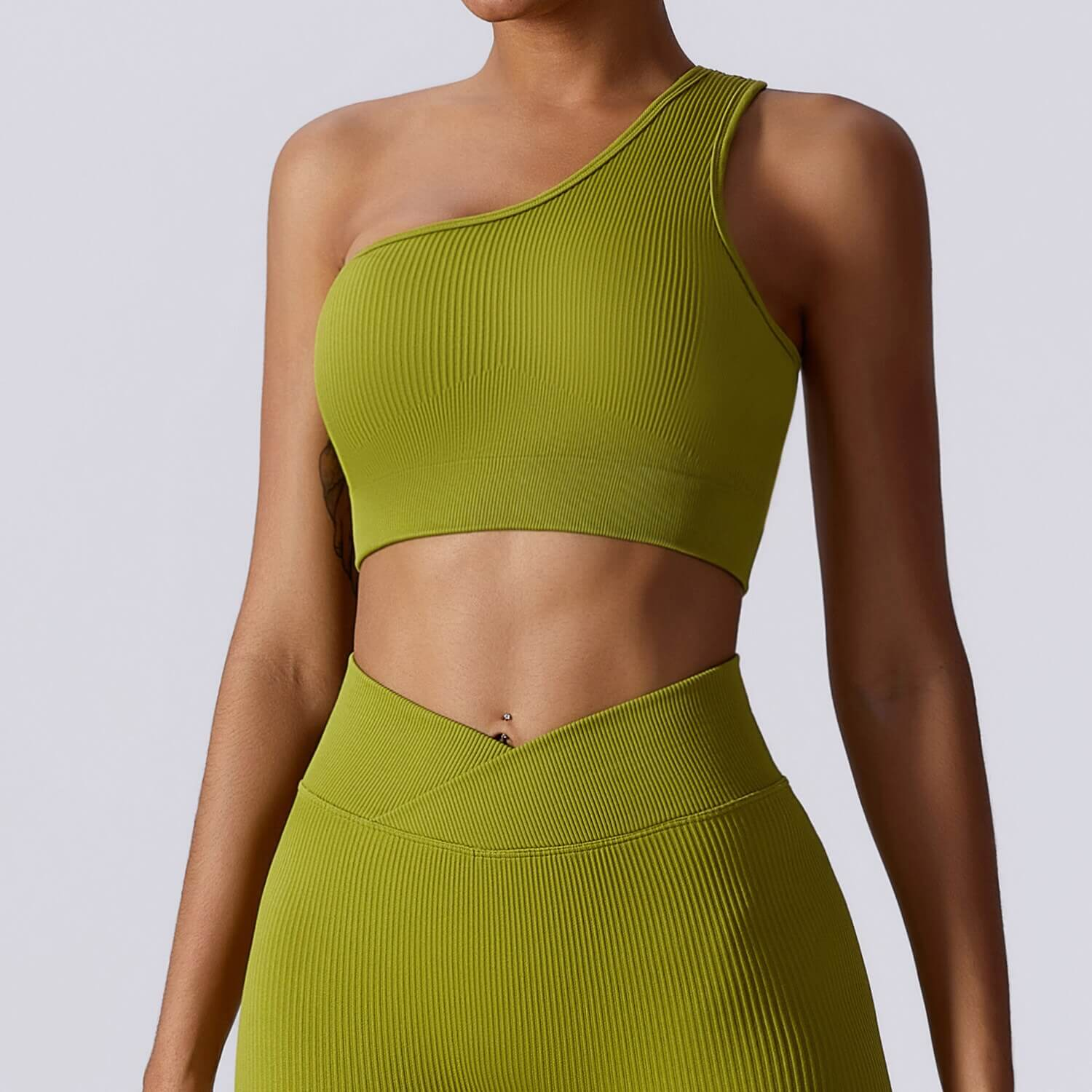 Women's one-shoulder sexy sports bra in lime green, ideal for fitness, made from breathable nylon and spandex, SF1045.